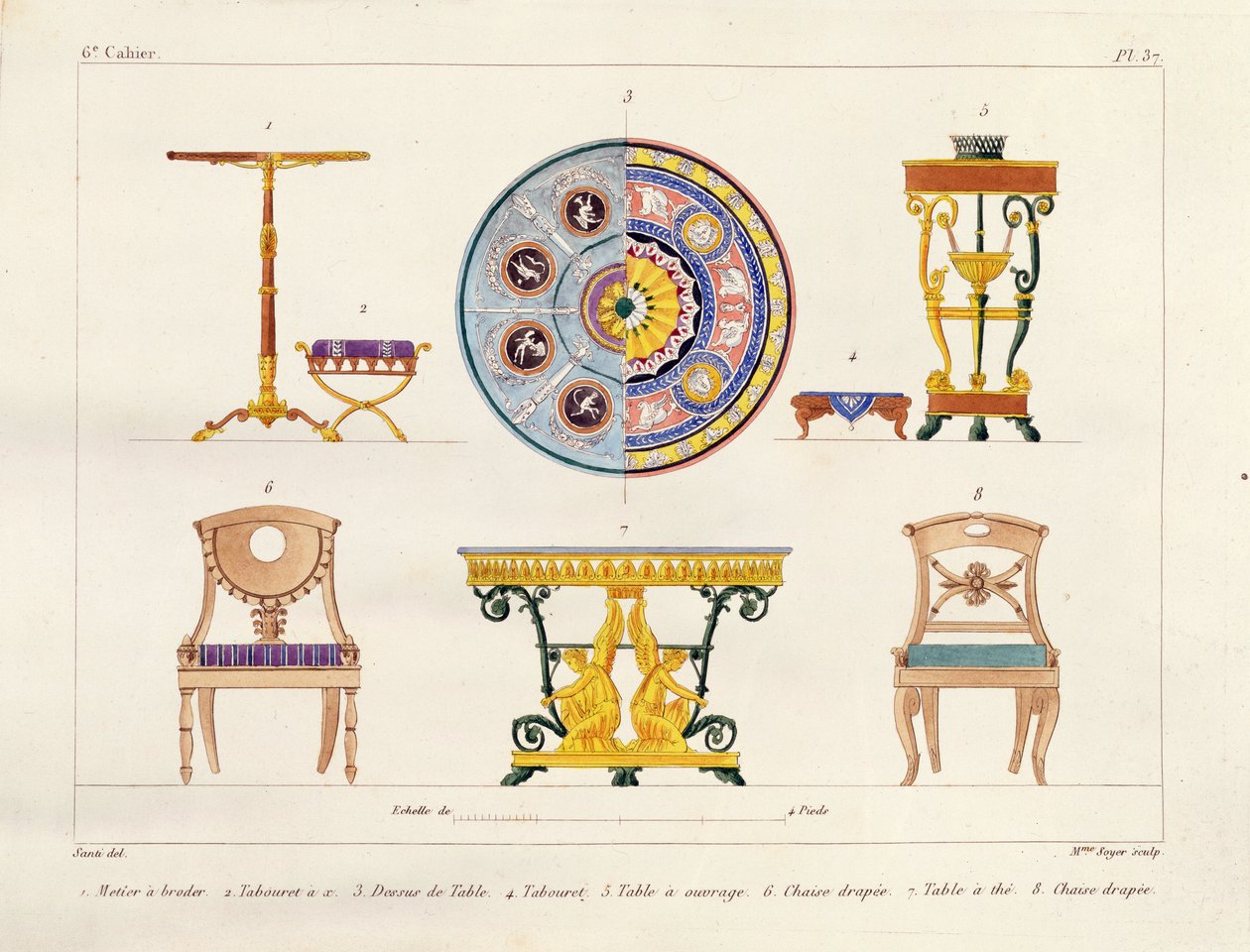 Projekty mebli, rytowane przez Mme Soyer, płyta 37 z "Modeles de Meubles et de decorations interieures pur les meubles", opublikowane 182841 autorstwa M. Santi