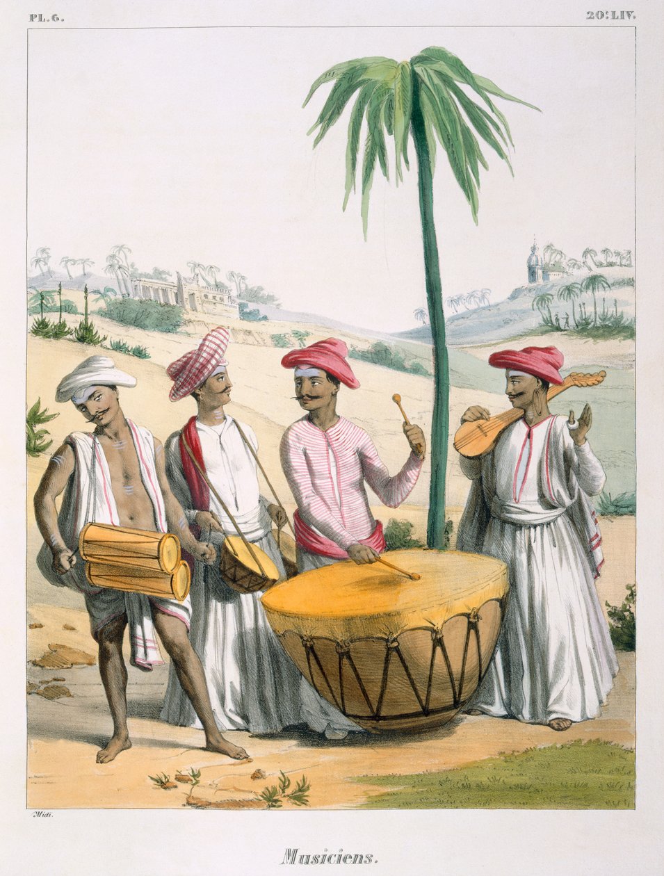 Muzycy z dużym bębnem do czajnika, 1827-35 autorstwa M.E. Burnouf