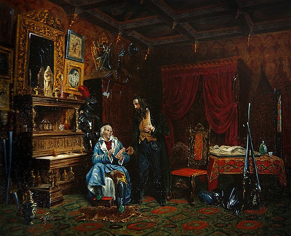 Wnętrze antykwariatu ze średniowiecznymi meblami, ok. 1838-46 (kolor lito) autorstwa M. (after) Renoux
