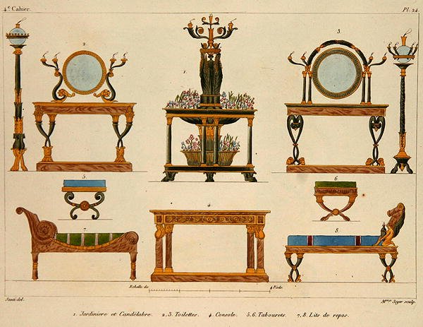 Wzory mebli, rytowane przez panią Soyer, tablica 24 z „Modeles de Meubles et de decorations interieures pur les Meubles”, opublikowana 1828/41 (kolor litho) autorstwa M. (after) Santi