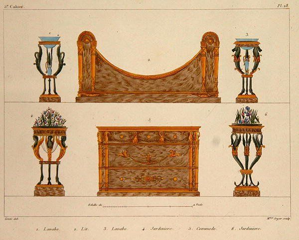 Wzory mebli rytowane przez panią Soyer, tablica 28 z „Modeles de Meubles et de decorations interieures pur les Meubles”, opublikowana 1828/41 (kolor litho) autorstwa M. (after) Santi
