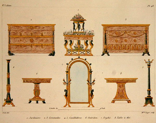 Wzory mebli rytowane przez panią Soyer, tablica 48 z „Modeles de Meubles et de decorations interieures pur les Meubles”, opublikowana 1828/41 (kolor litho) autorstwa M. (after) Santi