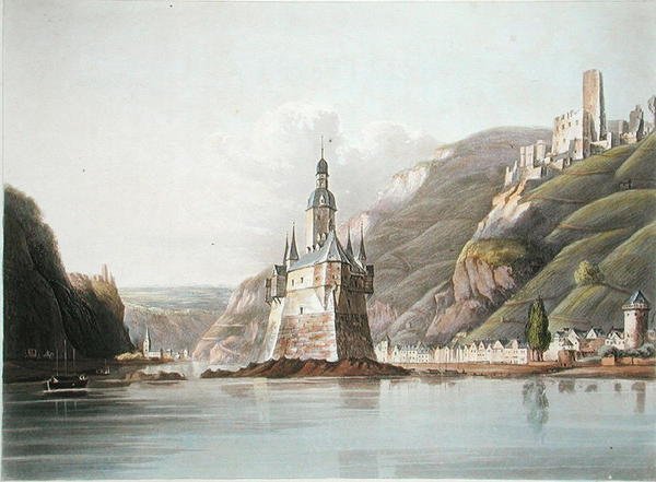 Zamek Pfalz i miasto Laub, ilustracja z „Malowniczej wycieczki wzdłuż Renu, od Mentz do Kolonii”, sztychowana przez T. Sutherlanda, opublikowana w 1820 r. (kolor lito) autorstwa M. (after) Schuetz