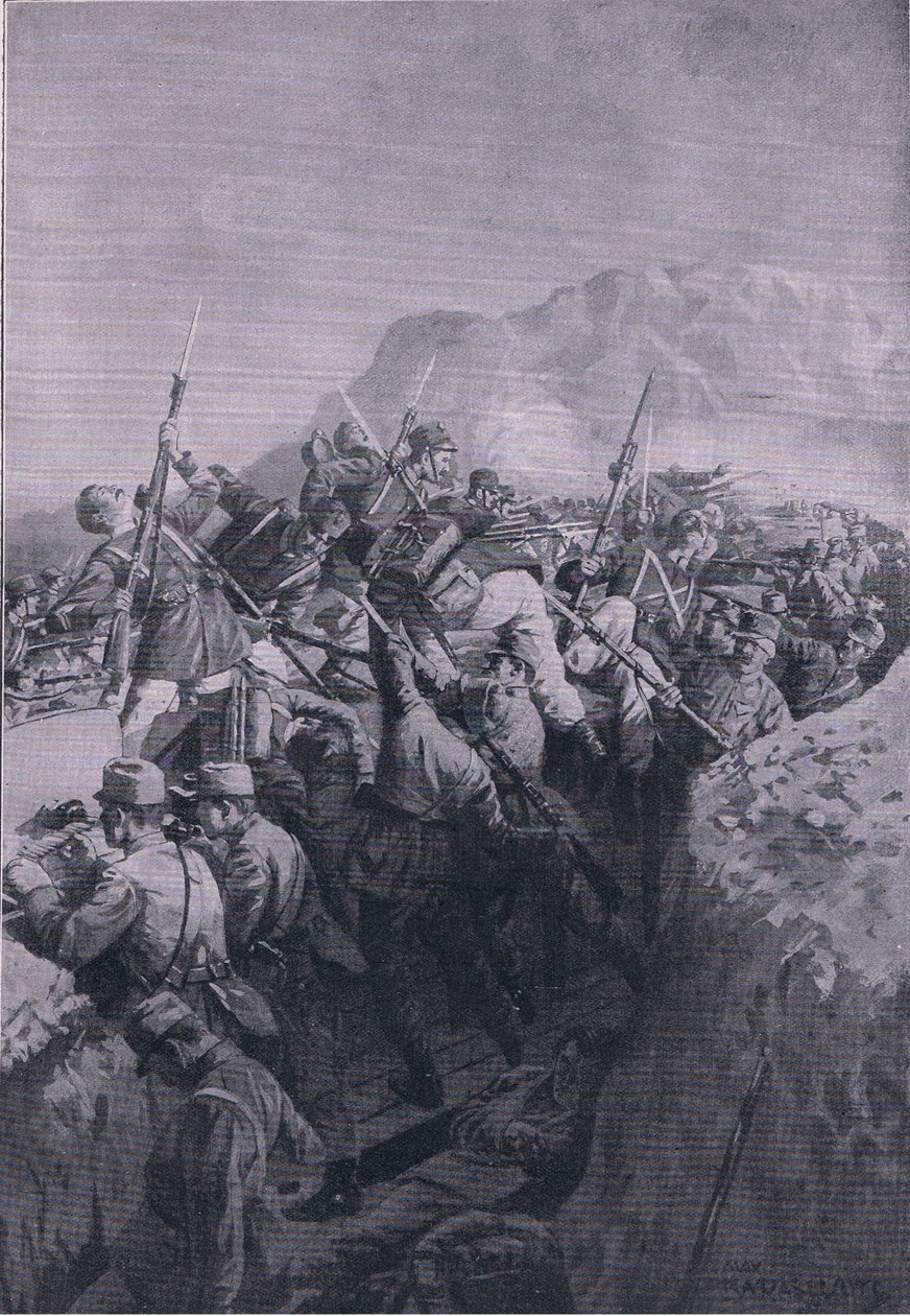 Nieudany atak Włochów na wyżyny Doberdo, z Ilustrowanej Historii Wojny Światowej 1914-1915 wyd. przez Union Berlagsefellfchaft autorstwa M. Barascudts
