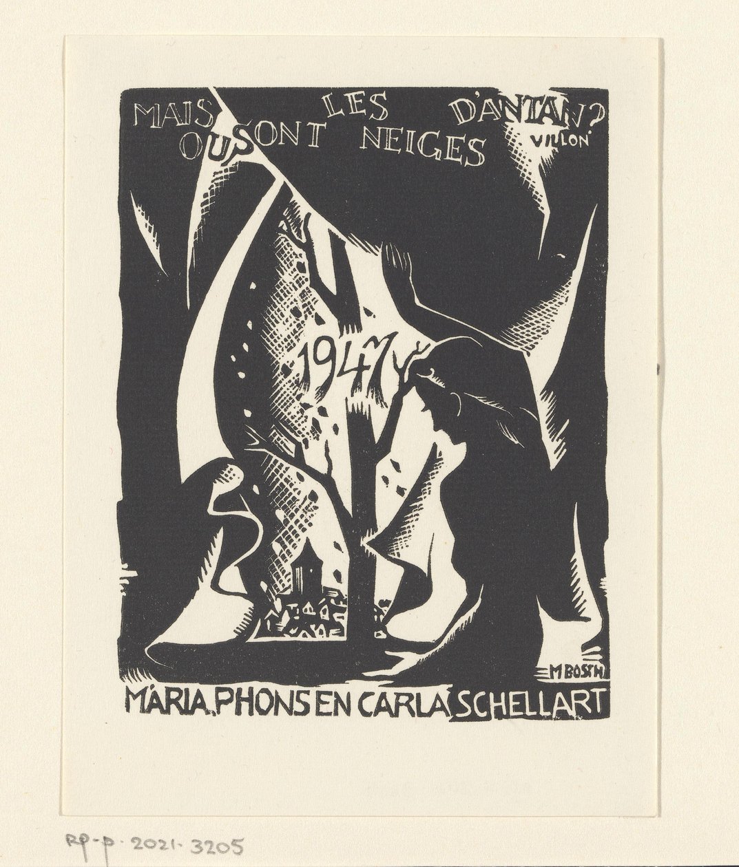 Życzenie noworoczne na rok 1947 od Carli, Marii i Phonsa Schellart autorstwa M. Bosch