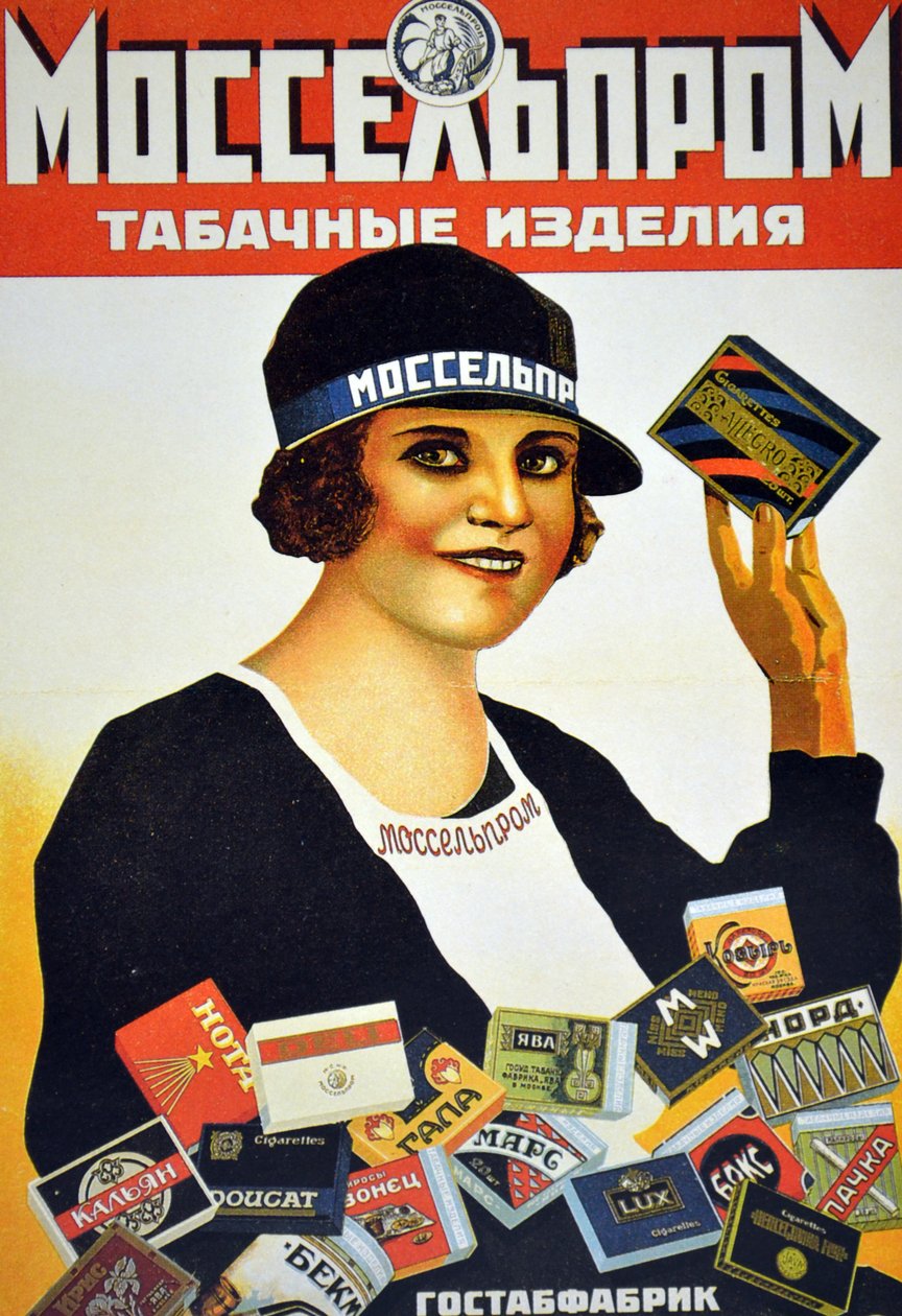 Plakat reklamujący wyroby tytoniowe Mosselproms, przedstawiający gwiazdę filmu The Cigarette Girl from Mosselprom, 1927 autorstwa M. Bulanov