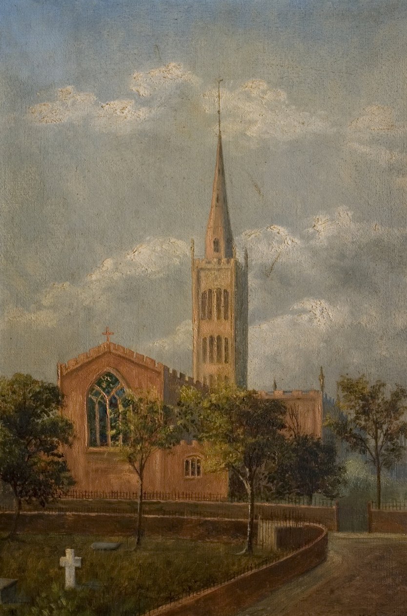 Kościół i cmentarz Świętej Trójcy, Coventry, ok. 1900 r. (olej na płótnie) autorstwa M. E. Colledge