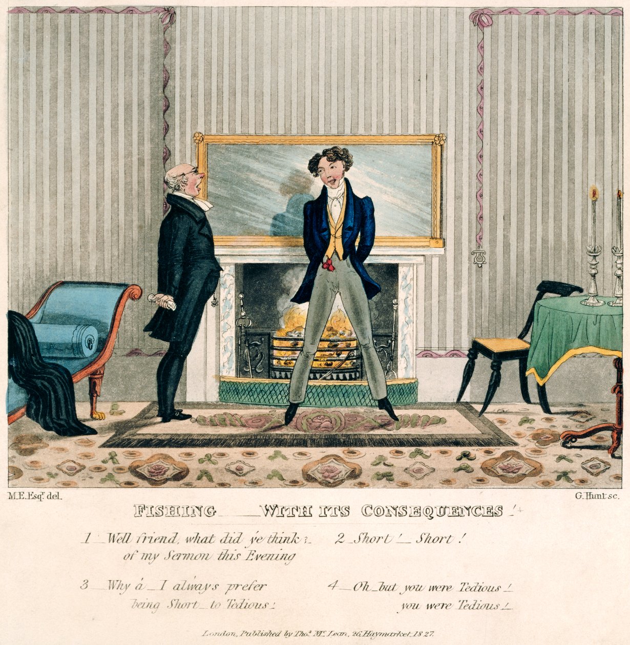 „Wędkowanie – z jego konsekwencjami”, rycina G. Hunt, wydana w Londynie przez Thomasa McCleana, 1827 (akwatinta ręcznie kolorowana) autorstwa M. Egerton