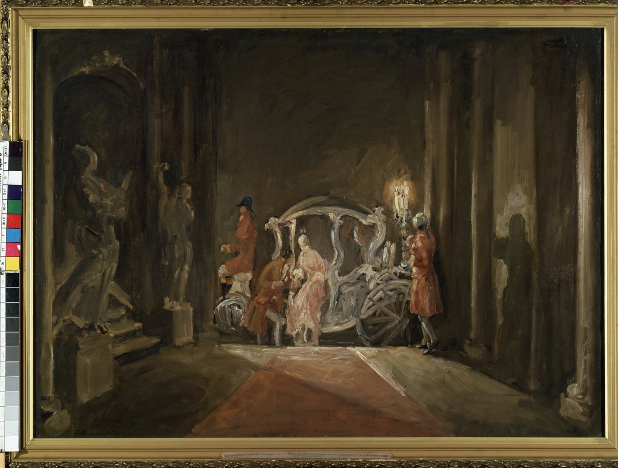 „Une Invitatione”” (Gość) Młoda kobieta, przypominająca Kopciuszka, tajemniczo schodzi z powozu w środku nocy. Obraz Max Friedrich Hofmann (1873-1937) 1926 Wymiary 116x161 cm Mikalojus Konstantinas Ciurlionis Museum of Fine Arts, Kowno, Lit autorstwa M. F. Hofmann