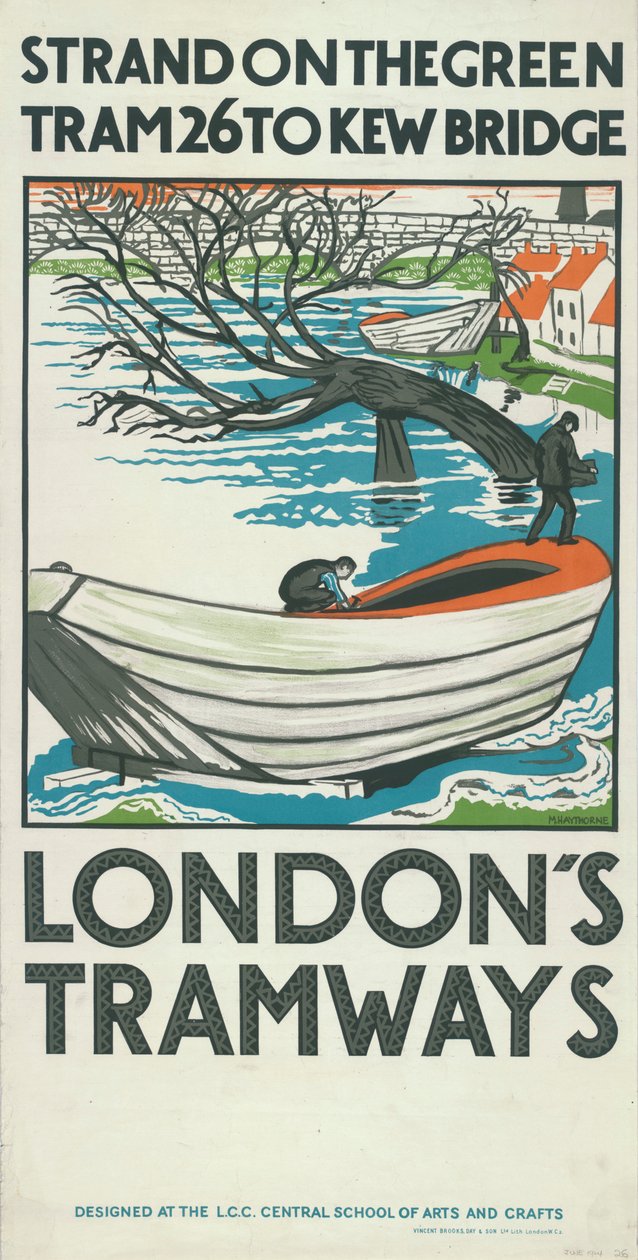 „Strand on the Green, Tram 26 to Kew Bridge”, plakat London County Council LCC Tramways, 1924 autorstwa M Haythorne
