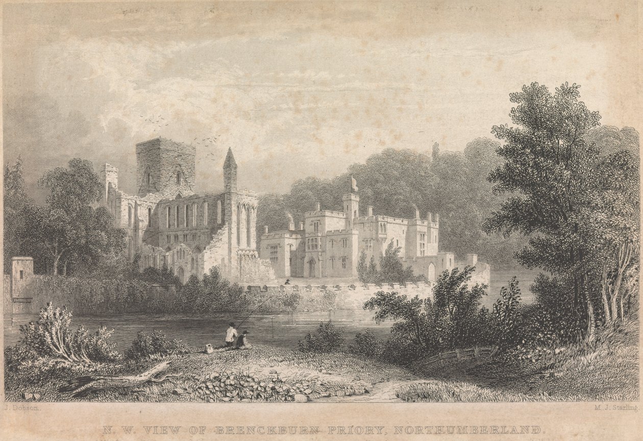 Północno-zachodni widok Brinkburn Priory, Northumberland; strona 44 (tom pierwszy) autorstwa M. J. Starling
