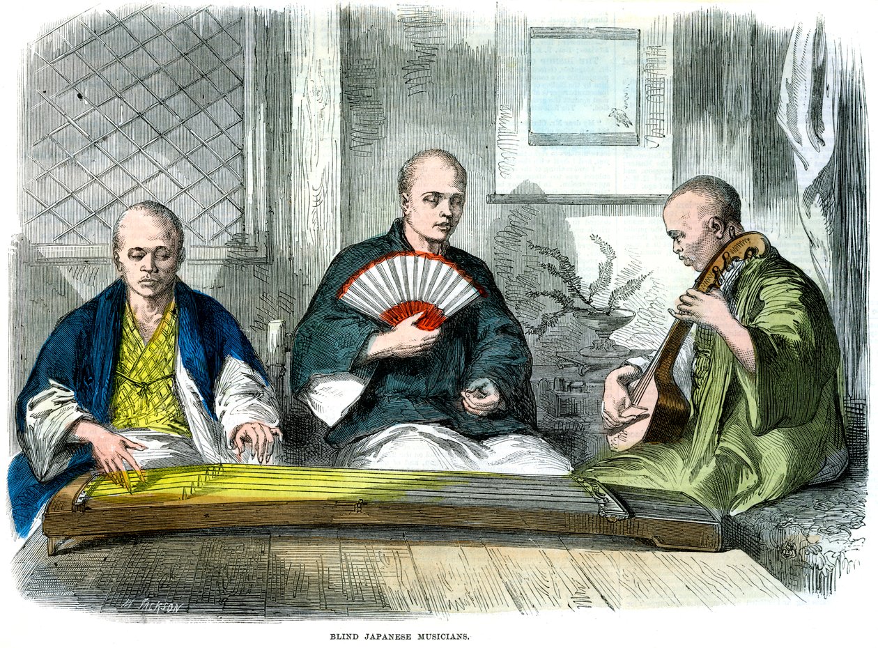 Niewidomi japońscy muzycy, 1864 autorstwa M. Jackson