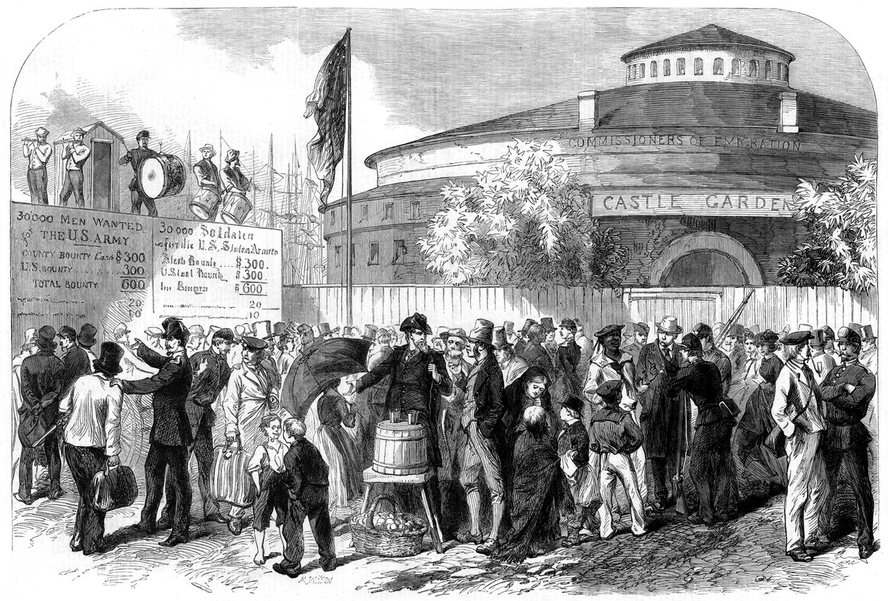 Zaciąganie irlandzkich i niemieckich emigrantów na baterii, Nowy Jork, USA, 1864. autorstwa M. Jackson