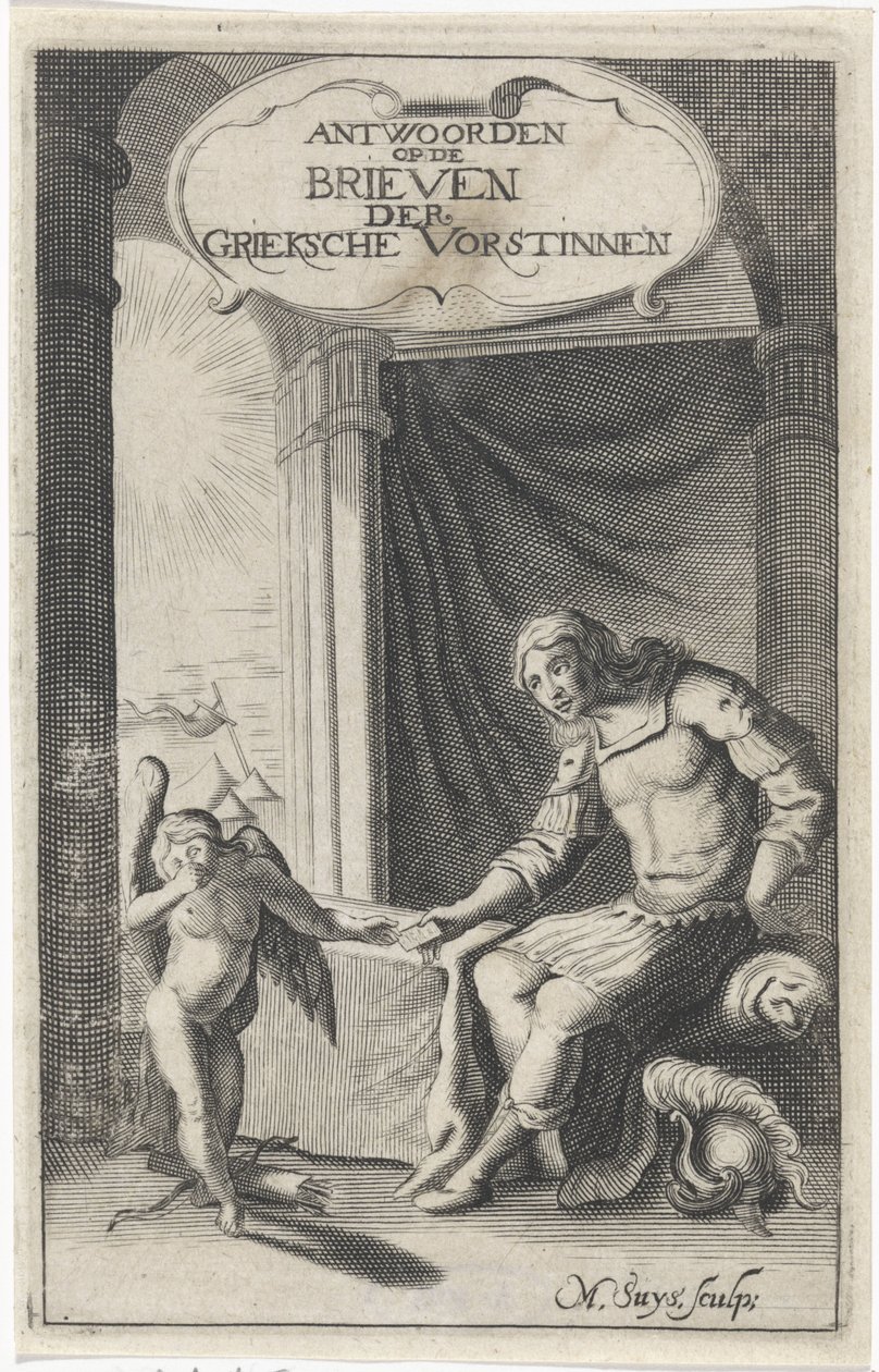 Grecki wojownik otrzymuje list od Amora Strona tytułowa dla: Christoffel Pierson, Odpowiedzi Griecksche Vorsten do dwunastu Ovidiusa Nazoos Listy żałobne Blakende Vorstinnen, 1658 autorstwa M. Suys