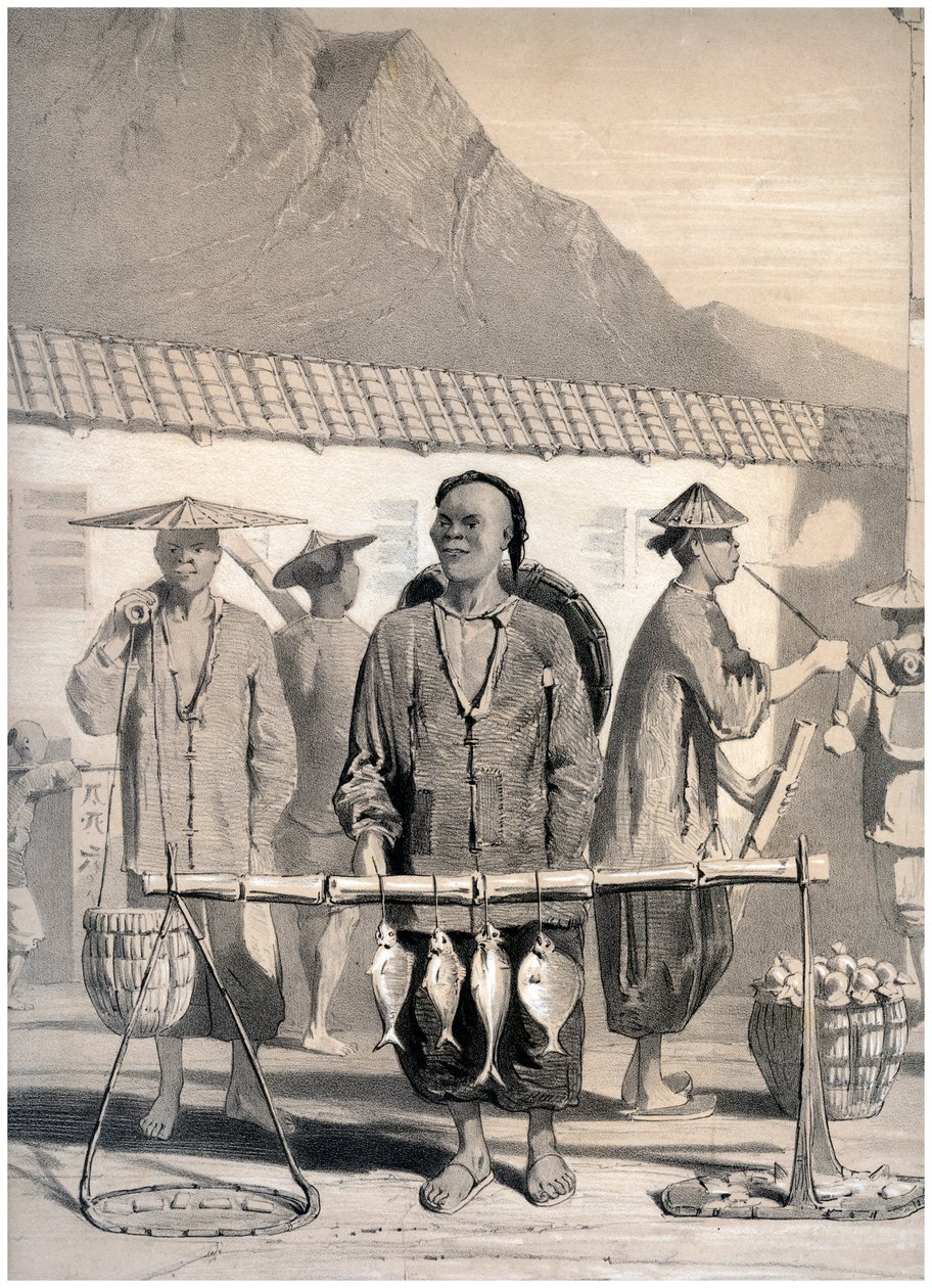 Sprzedawcy ryb, Victoria Street, Hongkong, Chiny, ok. 1860 r. autorstwa M and N Hanhart