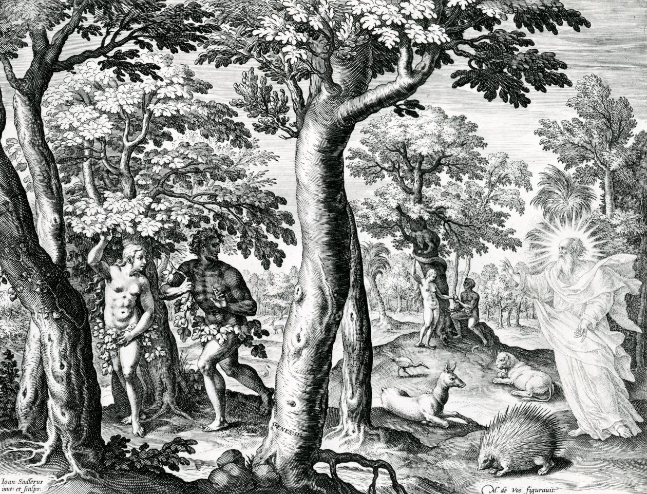 Adam i Ewa ukrywający się przed Panem, tablica 3 „Historia pierwszych ludzi”, sztychowana przez Jana Sadelera I, 1583 autorstwa Maarten de Vos