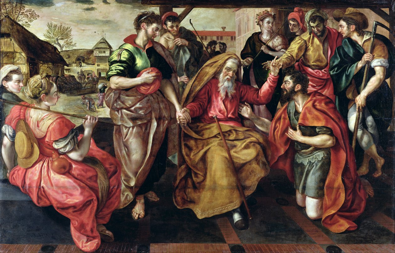 Eliezer prosi Rebekę o poślubienie Izaaka, 1562 autorstwa Maarten de Vos