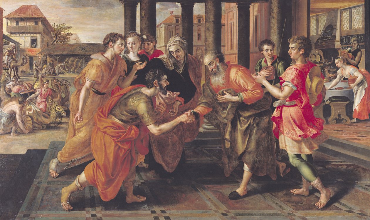 Laban przedstawia Eliezera ojcu, 1562 autorstwa Maarten de Vos