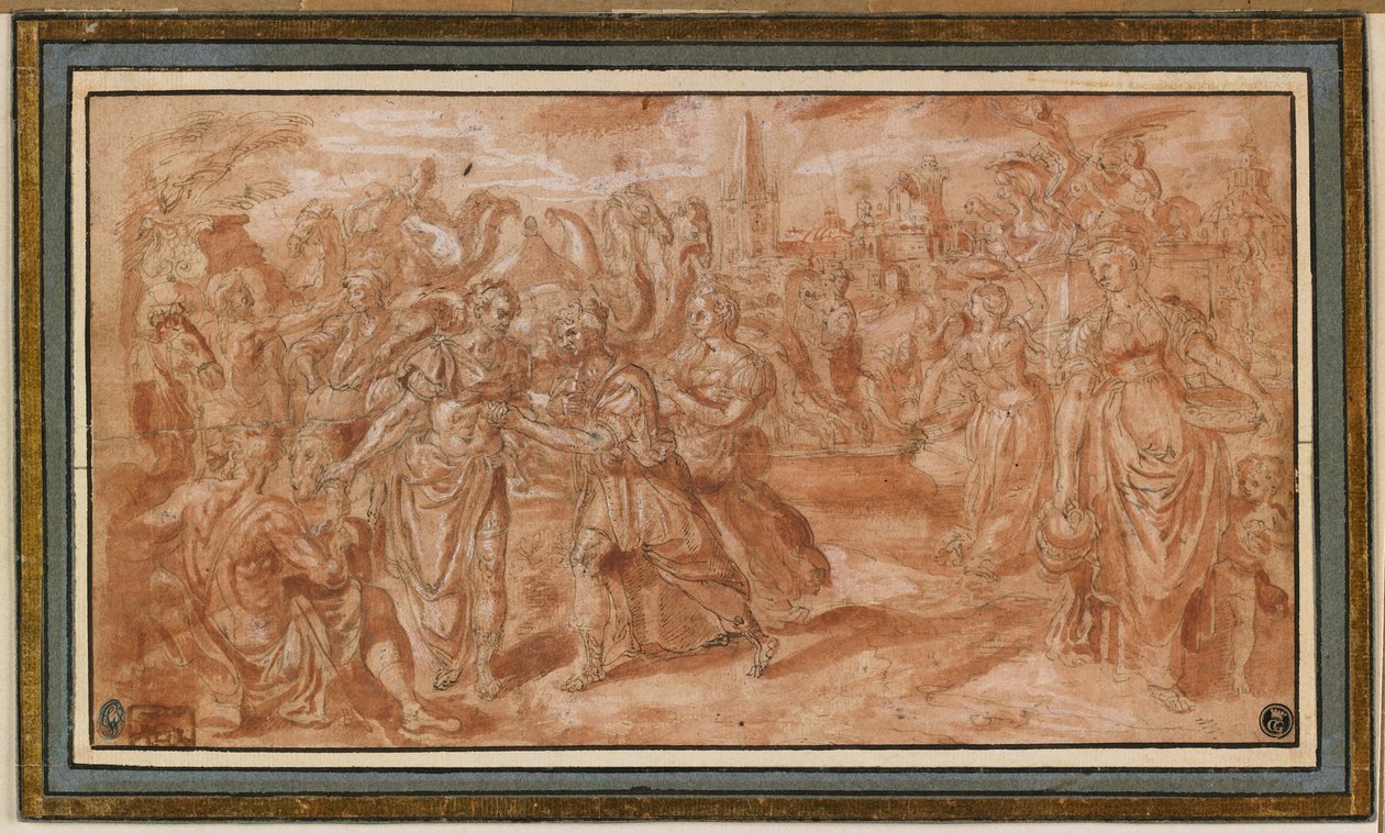 Laban i Rebecca odbierają Eliezera, 1561-62 (długopis i brązowy atrament z czerwonym rozmyciem i białym podwyższeniem) autorstwa Maarten de Vos