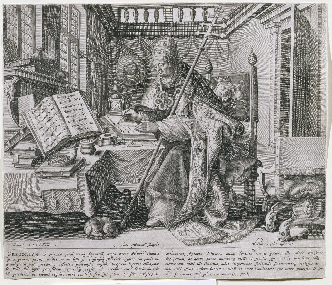 Papież Grzegorz I Wielki (ok. 540-604) w swoim gabinecie, z serii przedstawiającej czterech „Ojców Kościoła”, ryty przez Antona Wierixa (ok. 1552–ok. 1624) wyd. przez Gerarda de Jode, c.1580 autorstwa Maarten de Vos