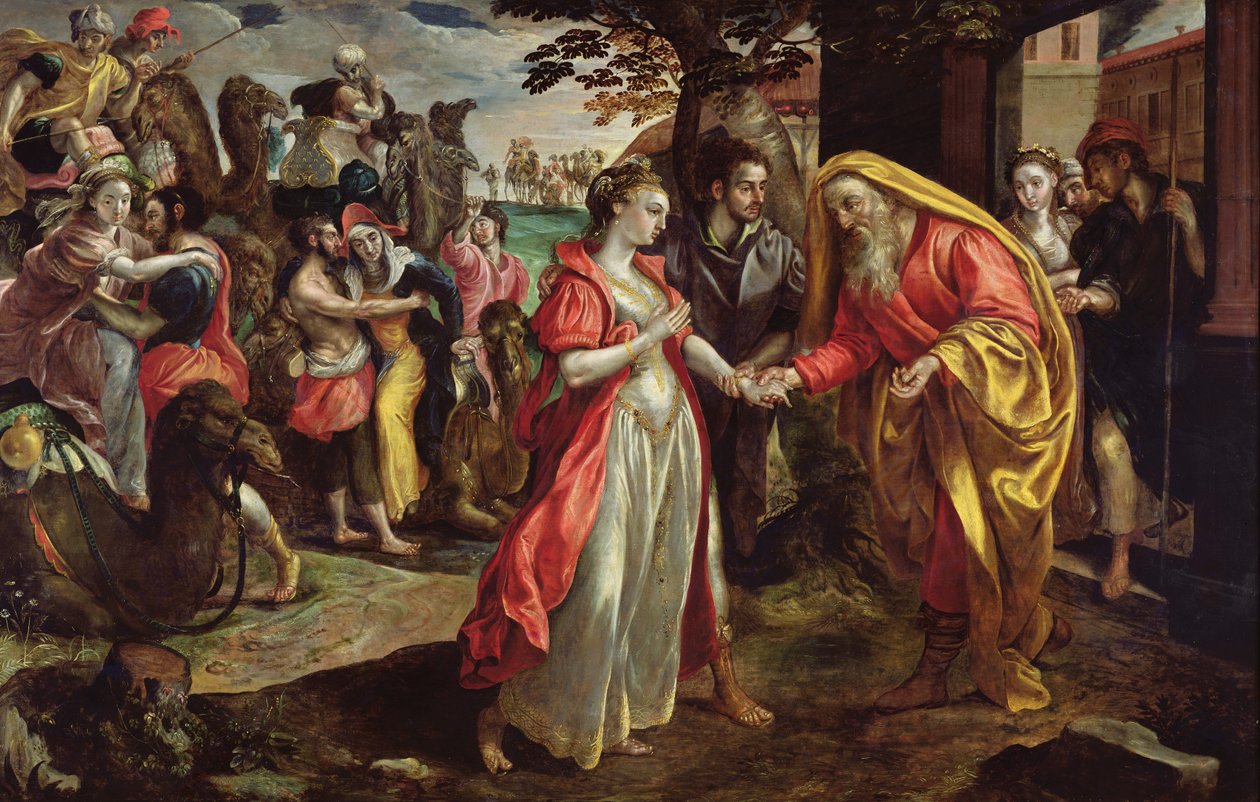 Rebecca zgadza się podążać za Eliezerem, ok. 1562 r. autorstwa Maarten de Vos