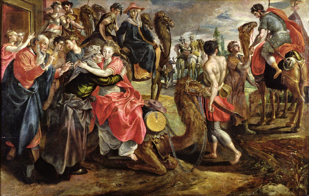 Rebecca żegna się z rodziną, ok. 1562 autorstwa Maarten de Vos