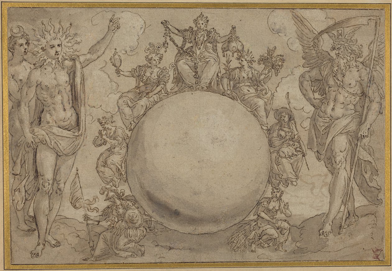 Apollo, Diana i czas z cyklicznymi zmiennościami ludzkiego życia, ok. 1561 (pióro i brązowy tusz z szarym praniem na śladach grafitu, nacięte do przeniesienia na papier) autorstwa Maarten de Vos