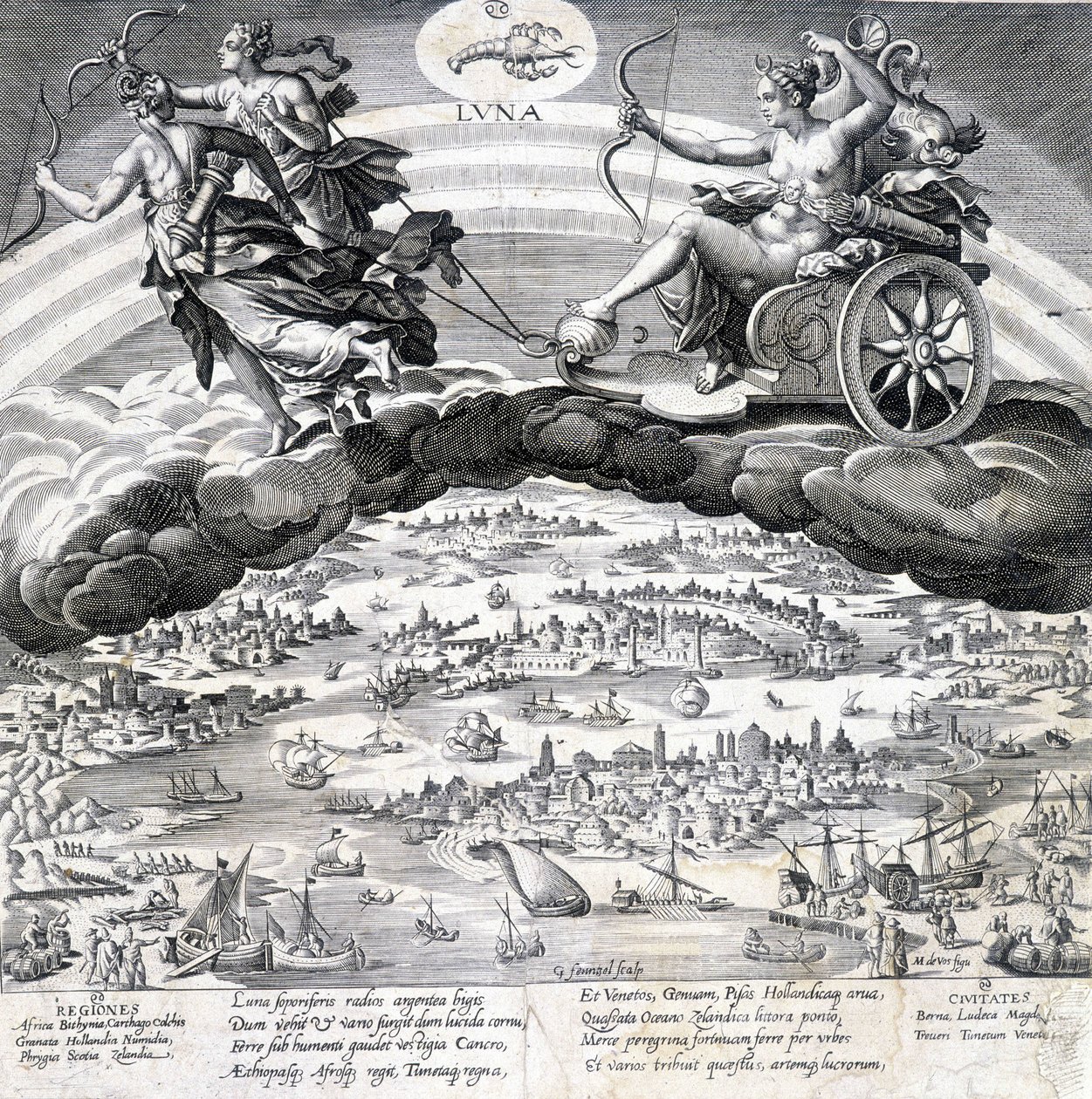 Luna: alegoria Księżyca (Diana) i znajdującego się pod jej wpływem Skorpiona (znak zodiaku) - rycina Maaertena de Vos (Martin de Vos, Marten de Vos) (1532-1603), b.d. autorstwa Maarten de Vos