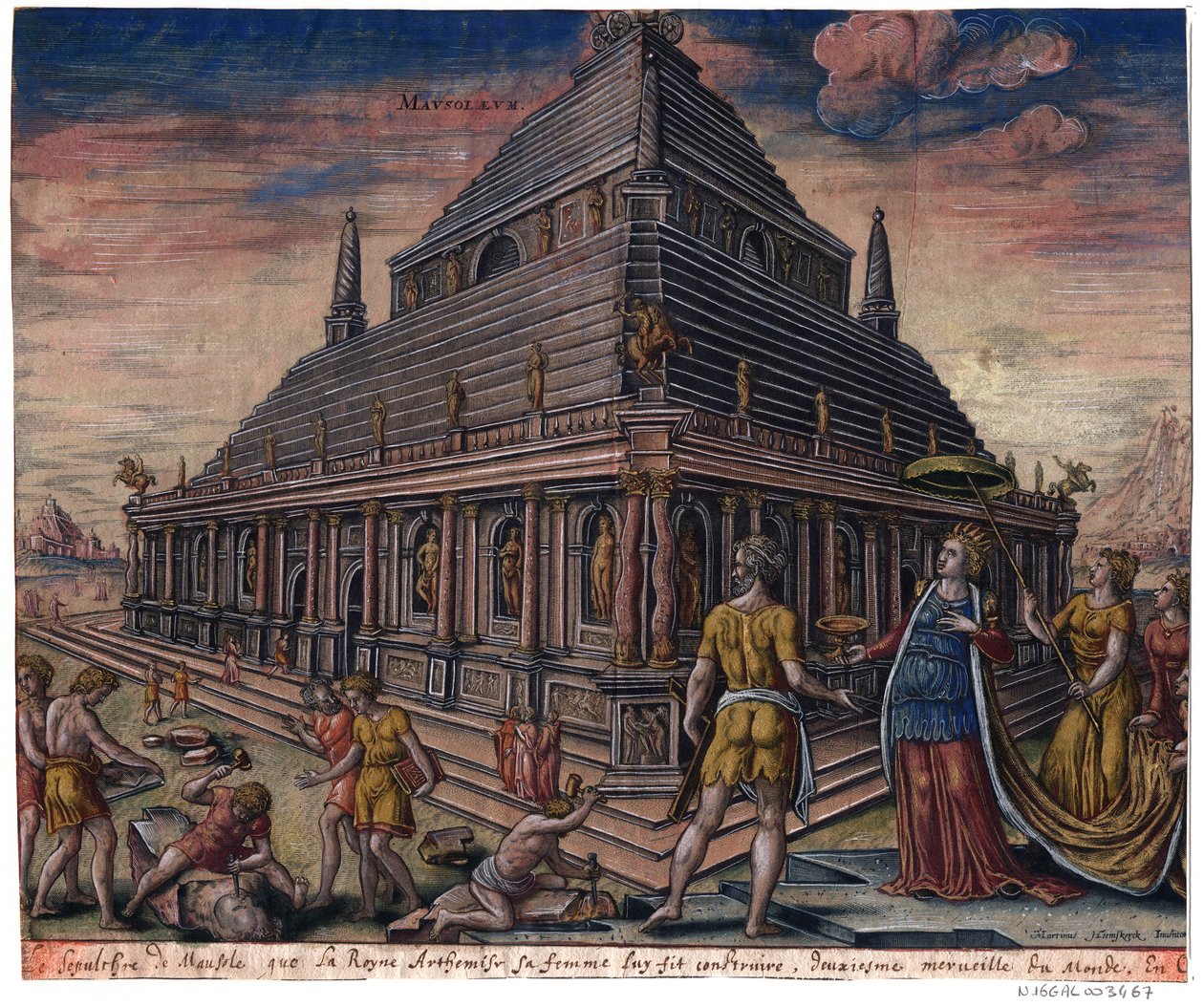 Mauzoleum w Halikarnasie (z cyklu „Ósme cuda świata”) Według Maartena van Heemskercka - Galle, Philipp (1537-1612) - 1572 - Akwaforta, akwarela - Bibliotheque Municipale de Lyon autorstwa Maarten van (after) Heemskerck