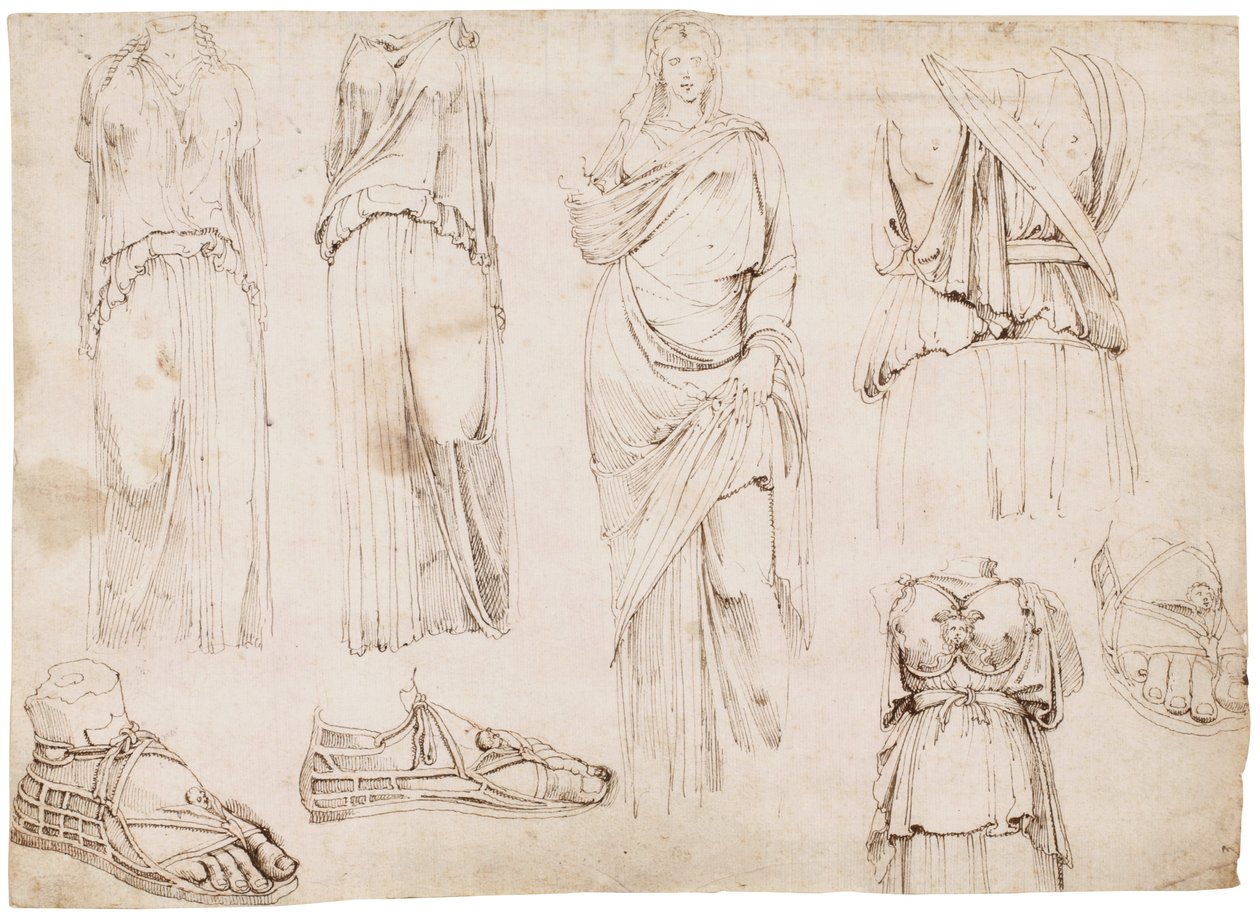 Postacie kobiece i sandały, ok. 1498-1574 (czerwona kreda, długopis i brązowy atrament) autorstwa Maarten van Heemskerck (circle of)