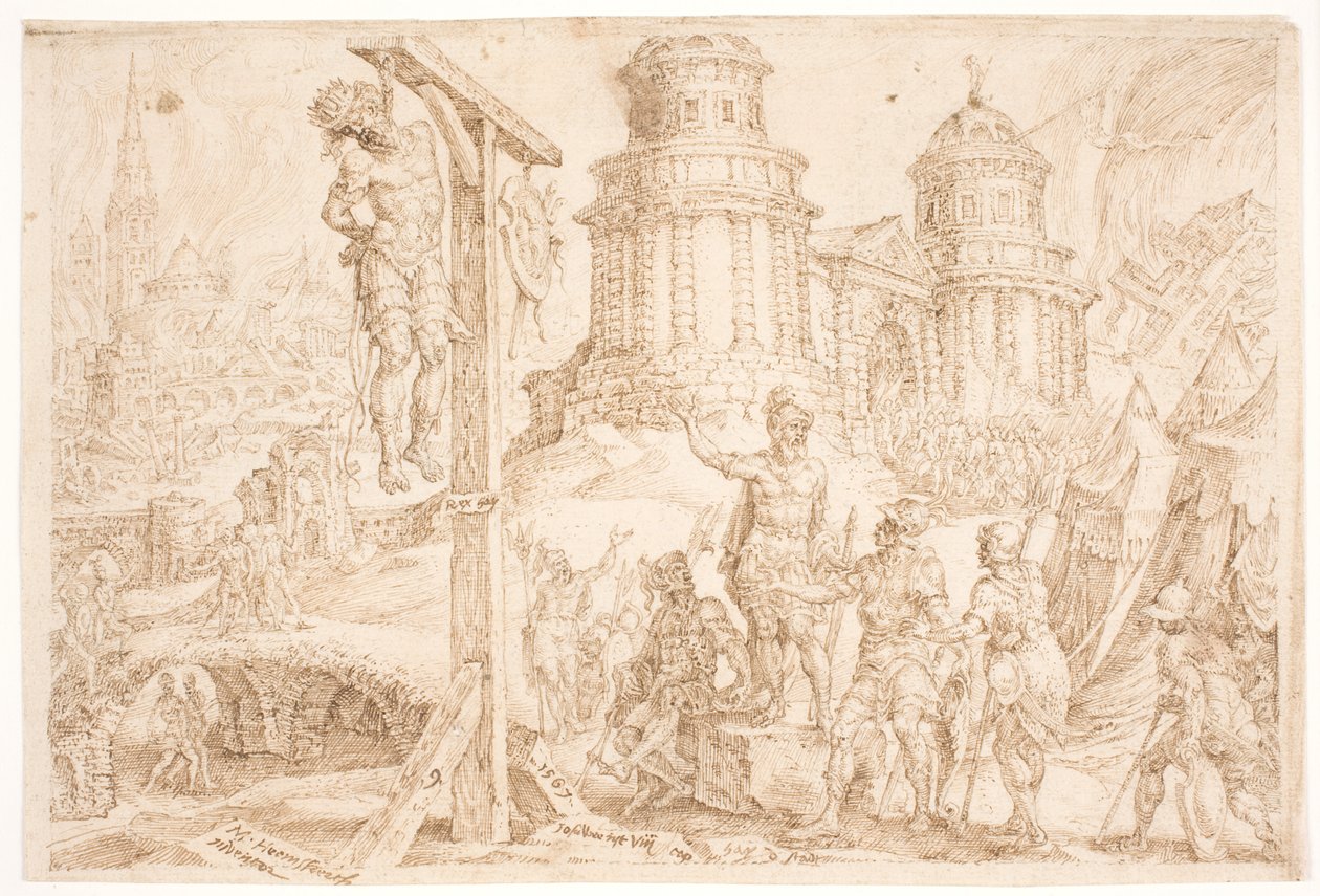 Zniszczenie Aj i powieszenie króla autorstwa Maarten van Heemskerck