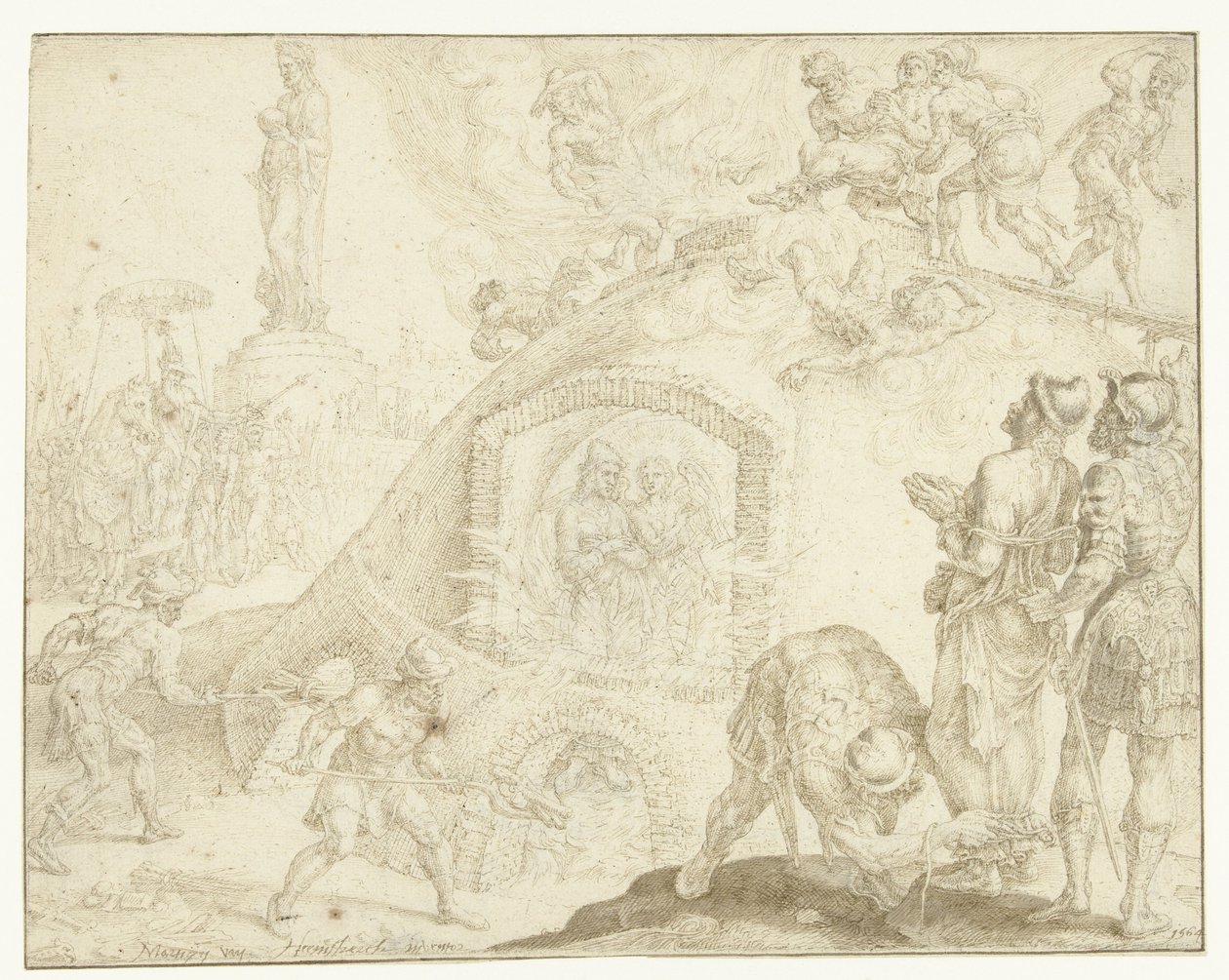Trzech młodych mężczyzn zostaje wrzuconych do ognistego pieca Historia Trzech Młodych (tytuł serii) autorstwa Maarten van Heemskerck