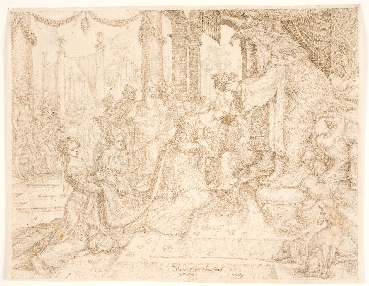 Estera ukoronowana przez Aswerusa autorstwa Maarten van Heemskerck