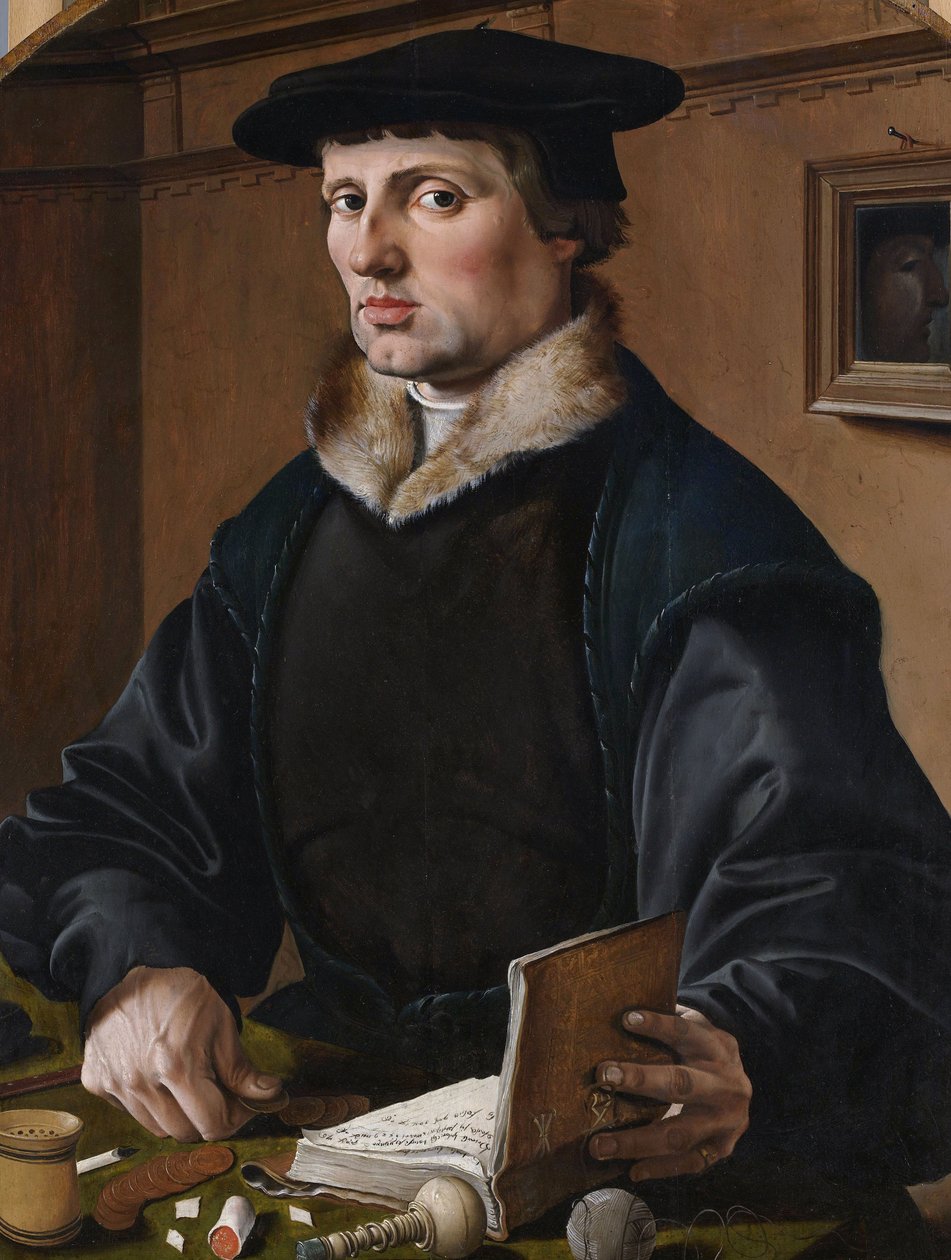 niemiecki: Bildnis eines Kaufmanns (Pieter Bicker) Portret (prawdopodobnie) Pietera Gerritsza Bickera, wisiorek (prawdopodobnie) jego żony Anny Codde autorstwa Maarten van Heemskerck