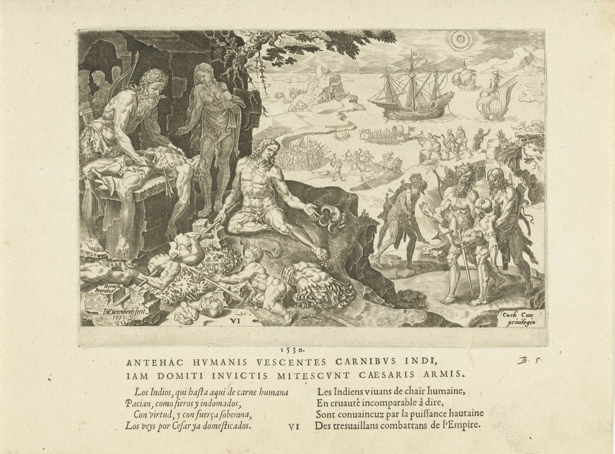 Wojska cesarskie przynoszą cywilizację Indianom, 1555. autorstwa Maarten van Heemskerck