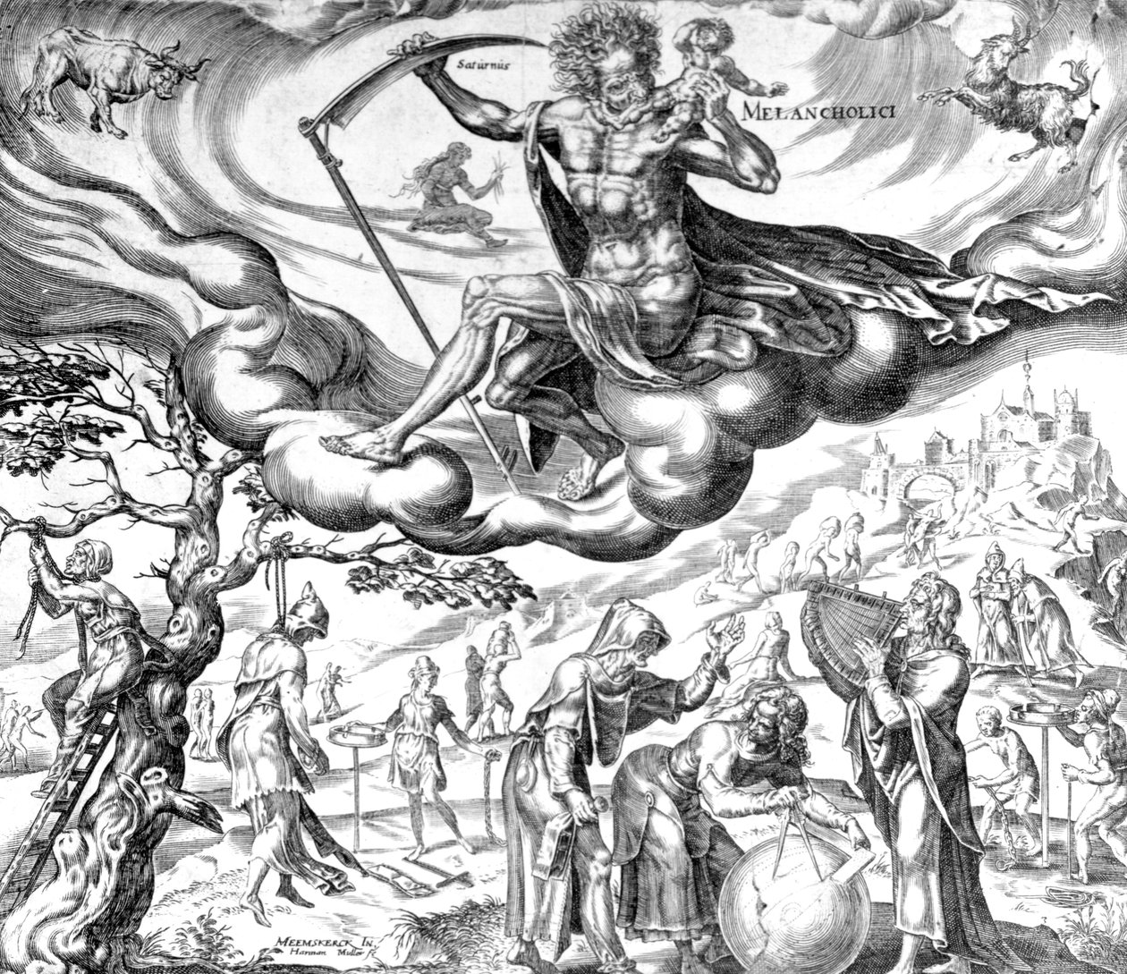 Melancholia, z serii "Cztery temperamenty", rytowany przez Harmena Jansza Mullera, 1566 r. autorstwa Maarten van Heemskerck