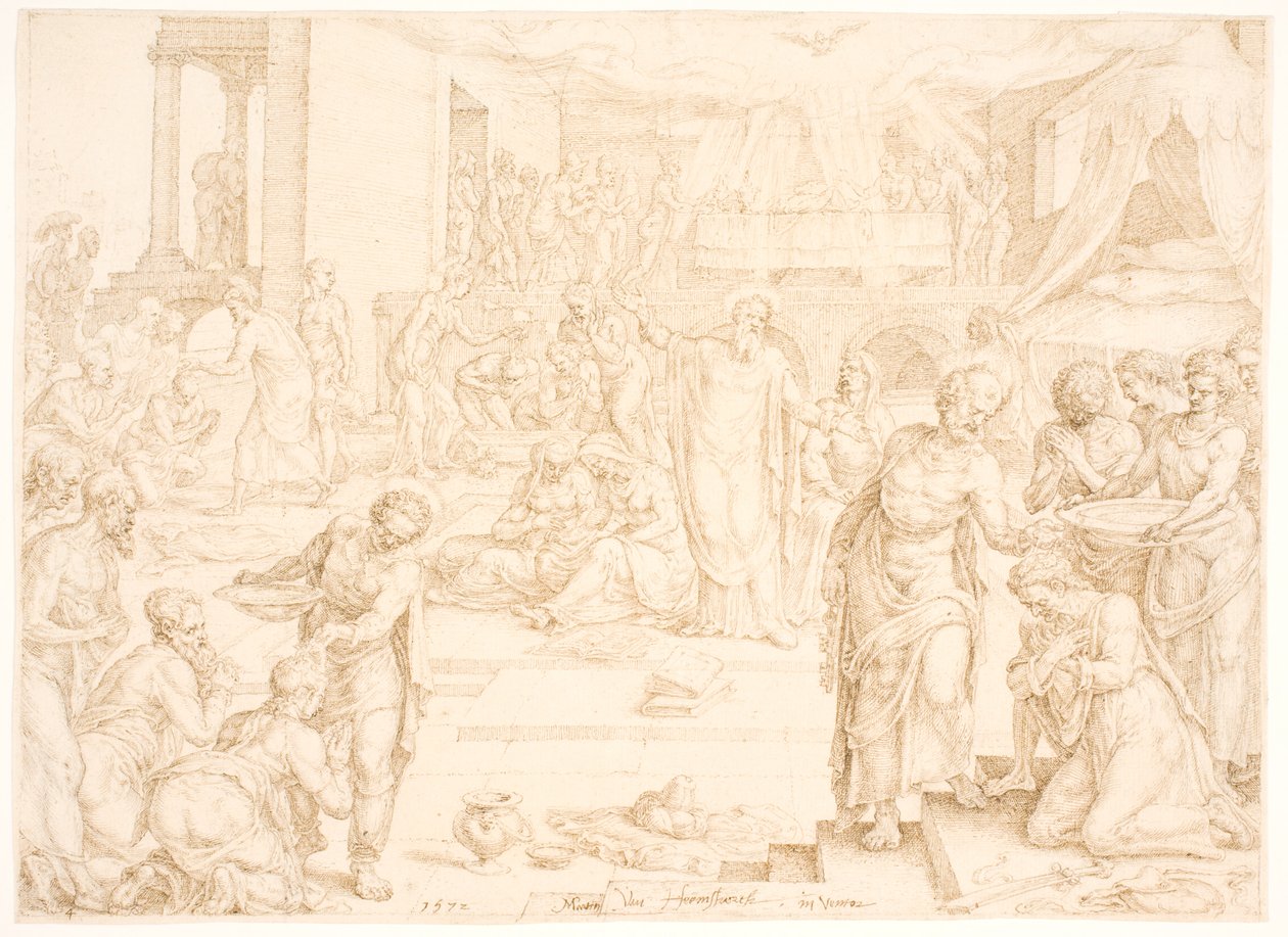 Piotr i inni apostołowie chrzczą zbór w Jerozolimie autorstwa Maarten van Heemskerck