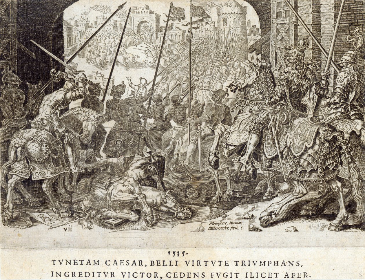 Podbój Tunisu w 1535 r., tablica 7 z „Zdobyczy wojskowych cesarza Karola V”, ryt. Dirk Volkertsz Coornhert (1522-90), 1555 (rycina i akwaforta) autorstwa Maarten van Heemskerck