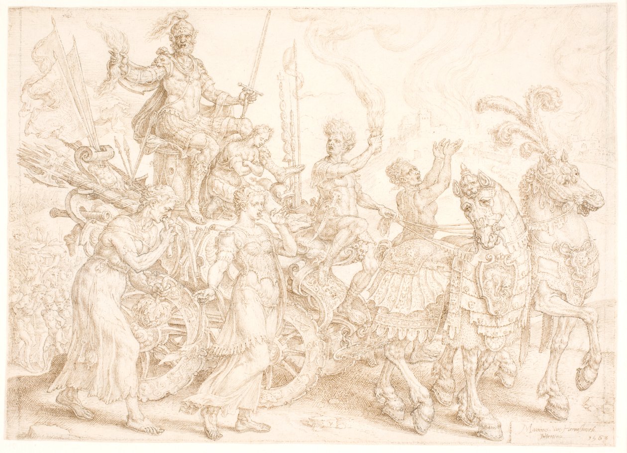 Rydwan triumfalny. Bellum (wojna) autorstwa Maarten van Heemskerck