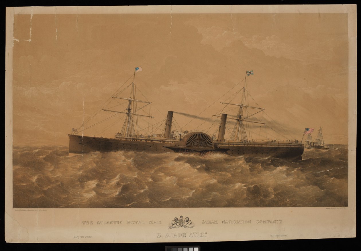 Parowiec S.S. Adriatic należący do Atlantic Royal Mail Steam Navigation Company, ok. 1856 r. (litografia, barwiona) autorstwa Macdonald & Co. Maclure