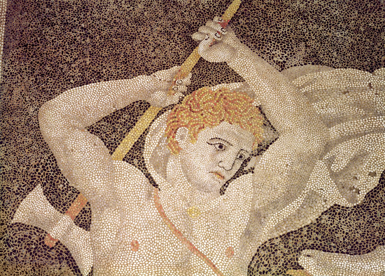 Polowanie na jelenie, fragment myśliwego, z mozaiki Dom uprowadzenia Heleny autorstwa Macedonian School
