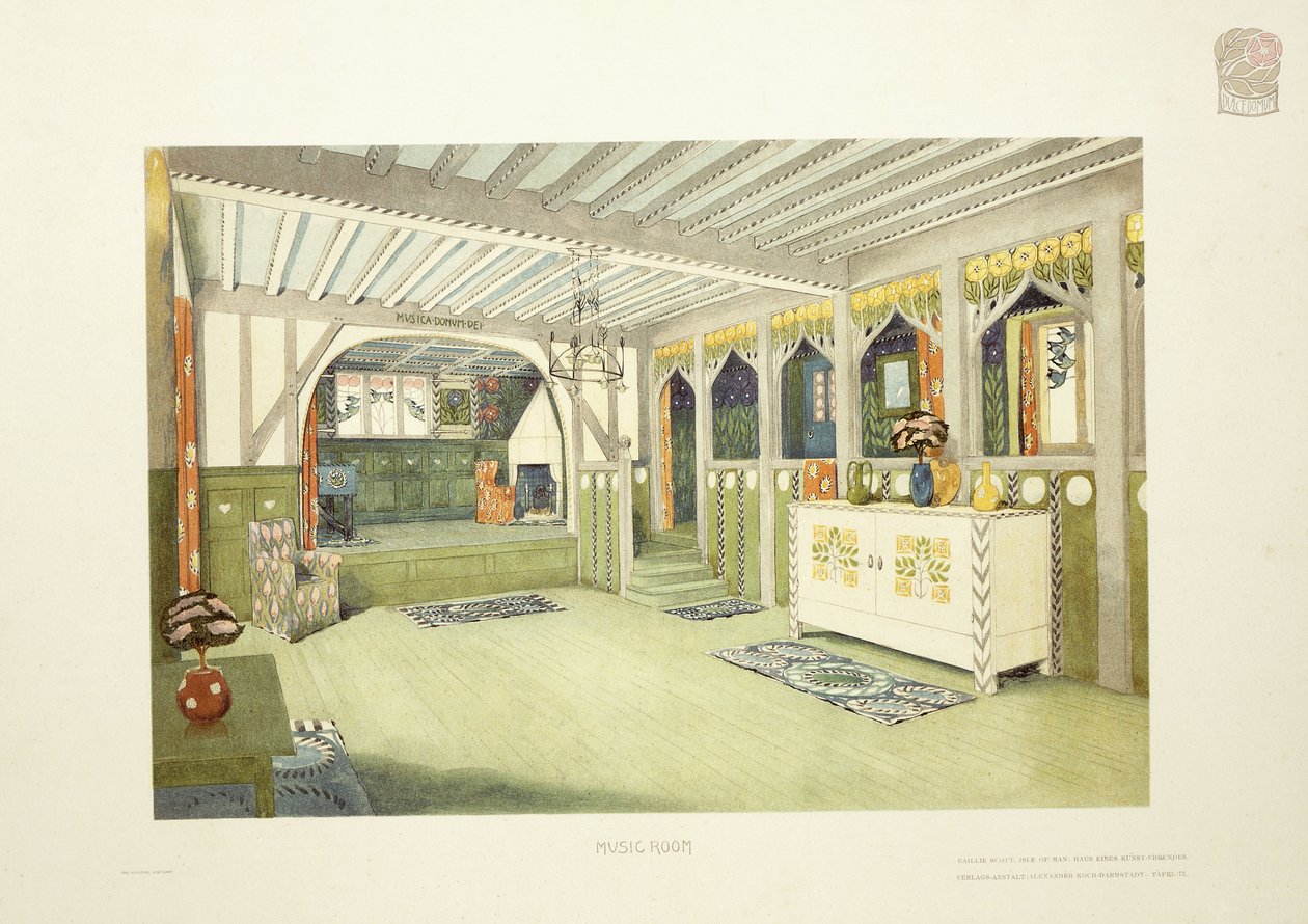Sala Muzyczna, Wyspa Man, ok. 1901 (litografia kolorowa) autorstwa Mackay Hugh (after) Baillie Scott