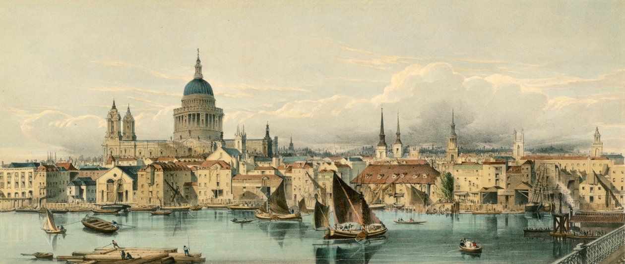 Łodzie na Tamizie i katedra św. Pawła, City of London, lata 50. XIX wieku autorstwa Maclure
