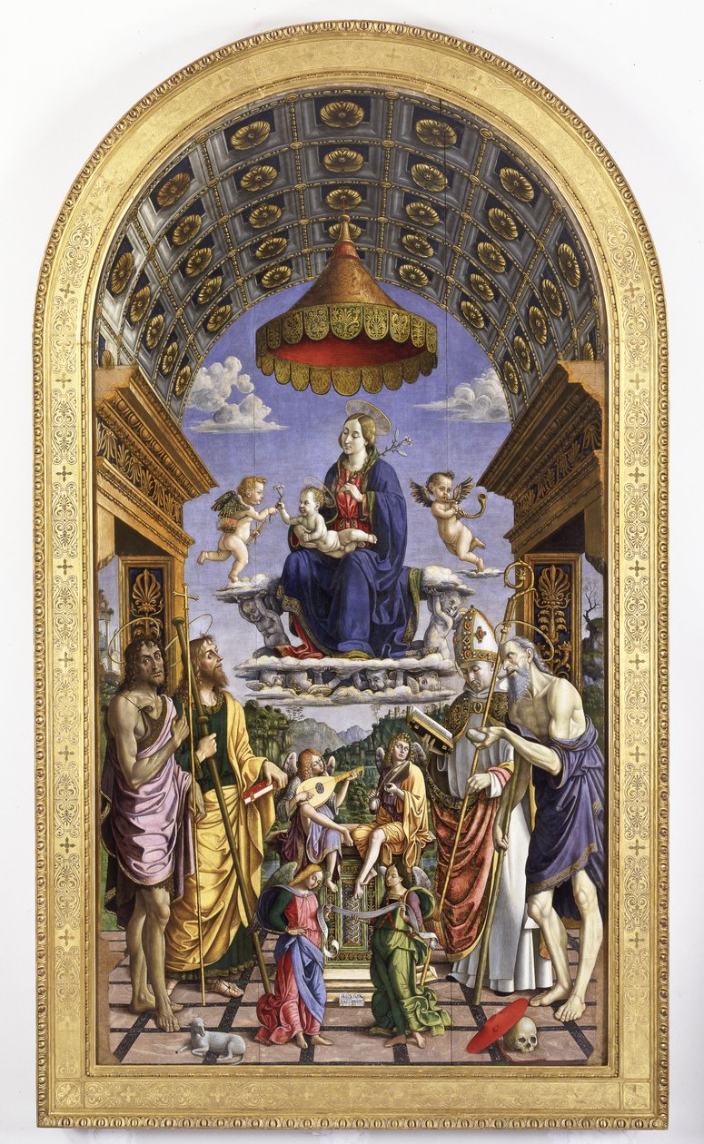 Madonna z Dzieciątkiem w chwale, aniołowie muzykanci i święci Jan Chrzciciel, Jakub, Ugo i Hieronim, 1498 autorstwa Macrino dAlba