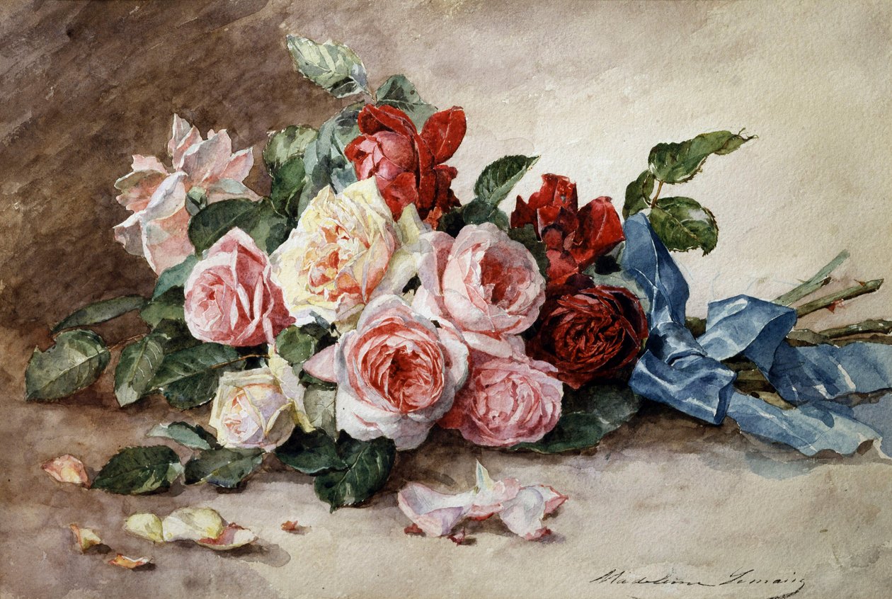 Bukiet kwiatów róży. Obraz autorstwa Madeleine Jeanne Lemaire (1845-1928) Kolekcja prywatna. autorstwa Madeleine Lemaire