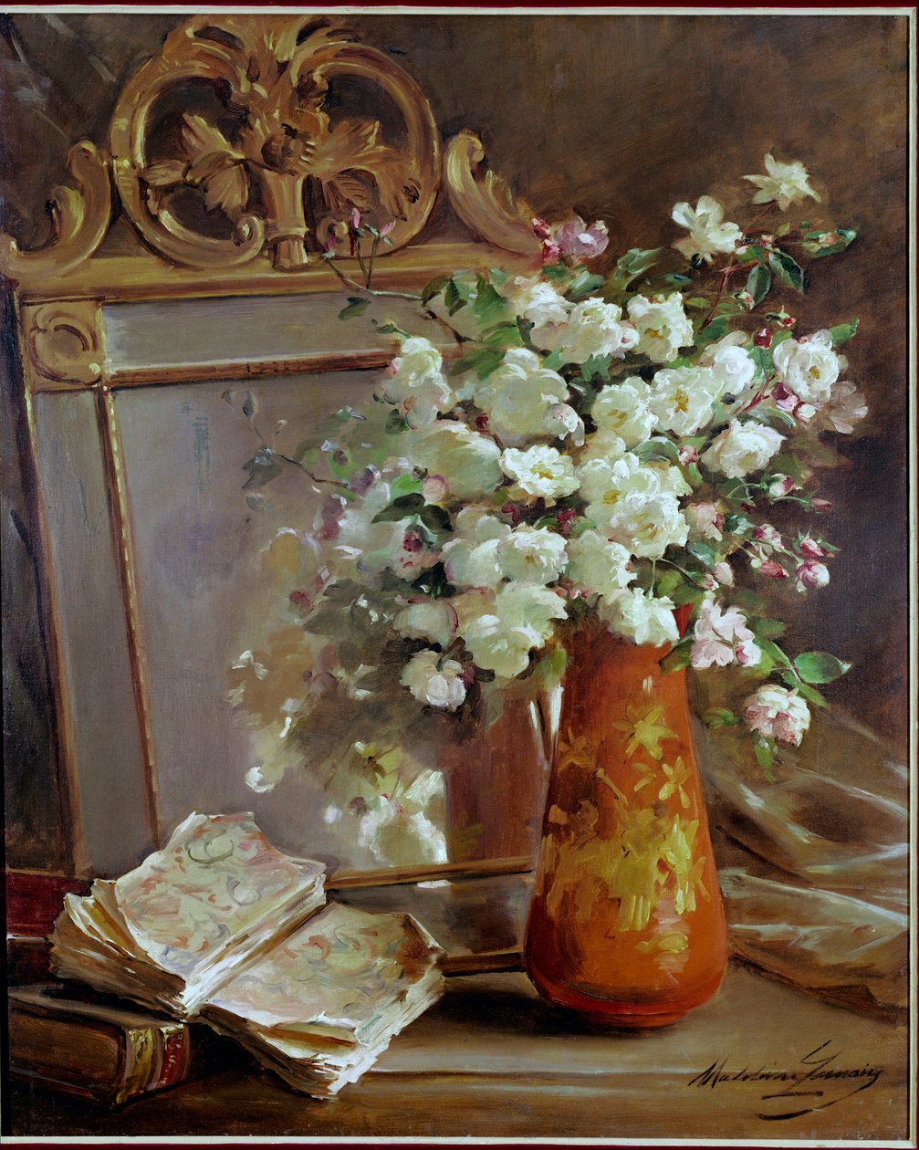Czerwony wazon martwa natura z lustrem, bukietem kwiatów i książką. Obraz Madeleine Lemaire (1845-1928), XX wiek. Prywatna kolekcja autorstwa Madeleine Lemaire