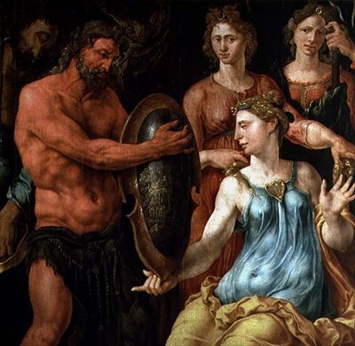 Wulkan pokazujący bogom swoje schwytanie Wenus i Marsa w swoich sieciach, ok. 1536 (panel) autorstwa Maerten van Heemskerck