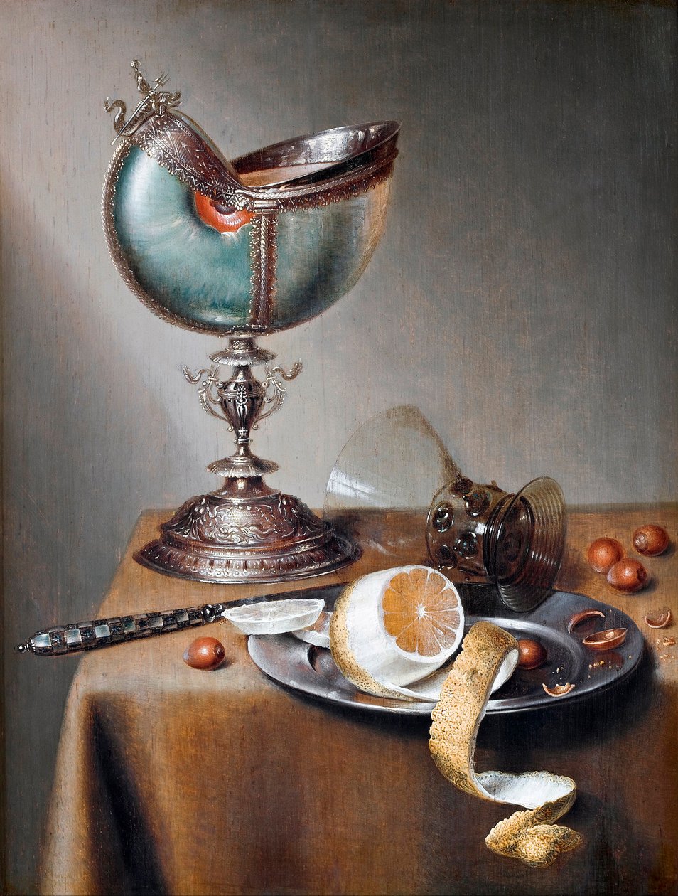""Nature morte a la coupe nautile"" (Martwa natura z Nautilus Cup) Peinture de Marten Boelema de Stomme (1611-1644) - Olej na desce Dim 50x38 cm Hallwylska Museet, Sztokholm autorstwa Maerten Boelema de Stomme