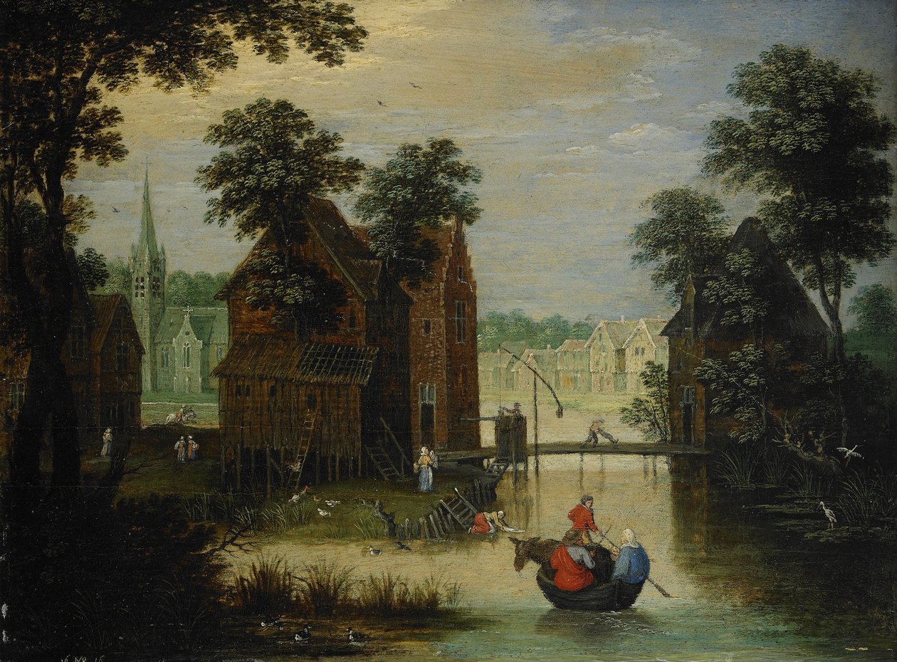 Krajobraz rzeki z ucieczką do Egiptu, 1616 autorstwa Maerten Ryckaert