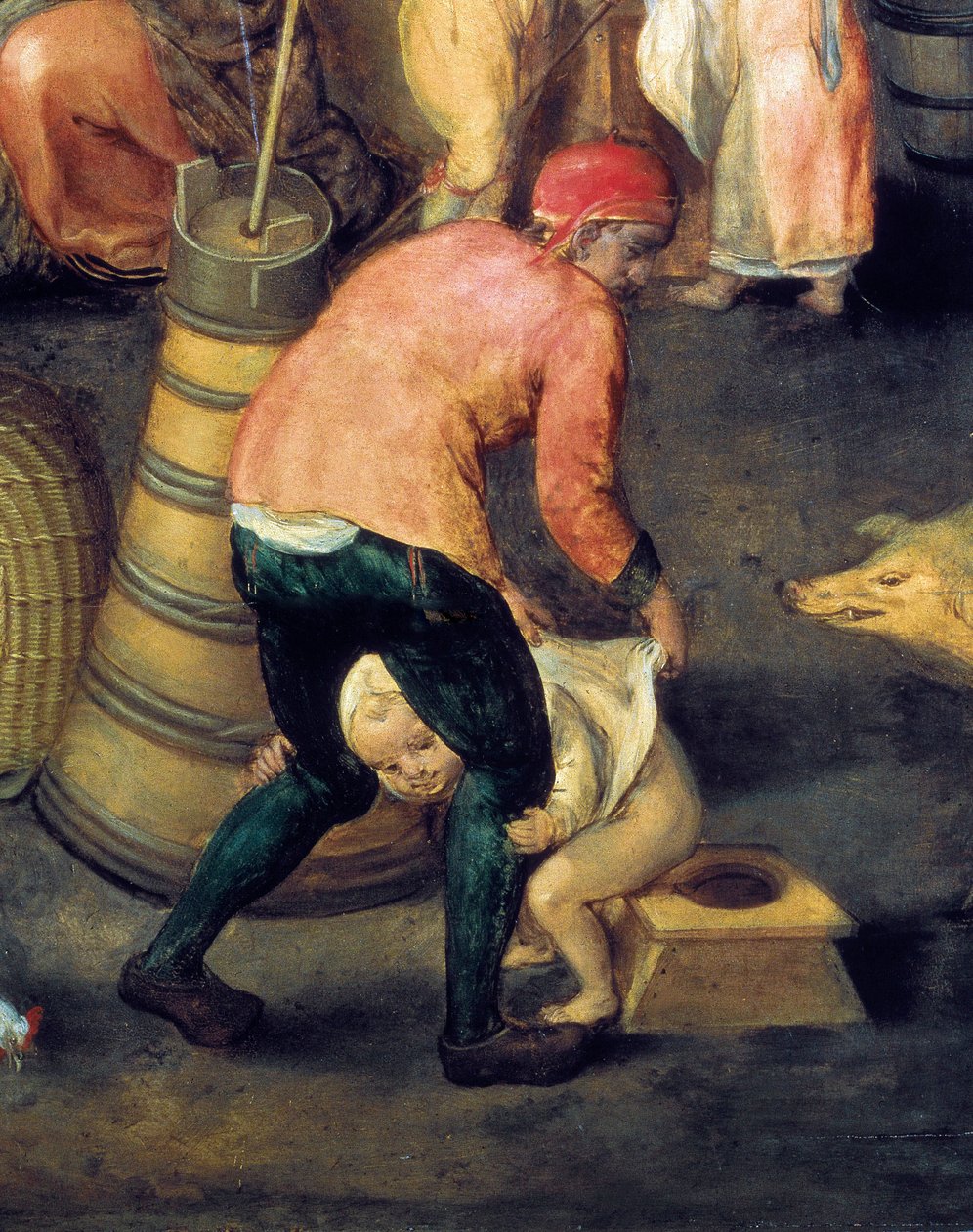 „Wnętrze domu flamandzkiego” Mężczyzna trzyma małego chłopca na garnku autorstwa Maerten van Cleve